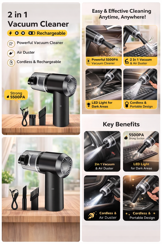 2 in 1 Vacuum Cleaner-Handheld Vacuum Car Cleaner Air Duster Wireless Rechargeable Home